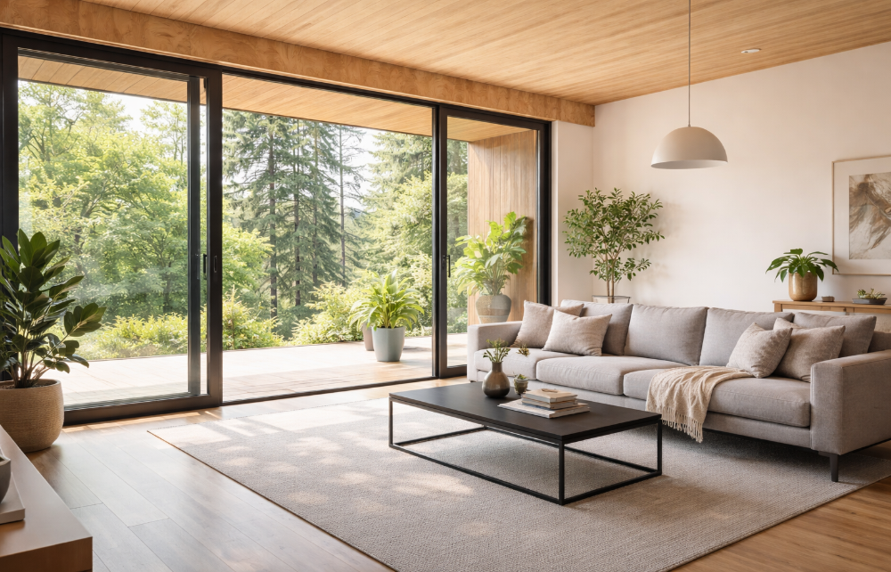Modern living room with large windows, gray sectional sofa, and decorative plants.